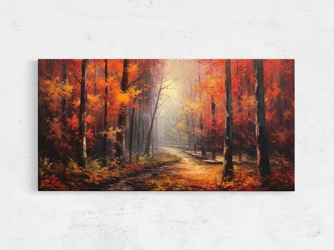 Misty Autumn Forest Path Red Orange Foliage Oil Painting Wall Poster
