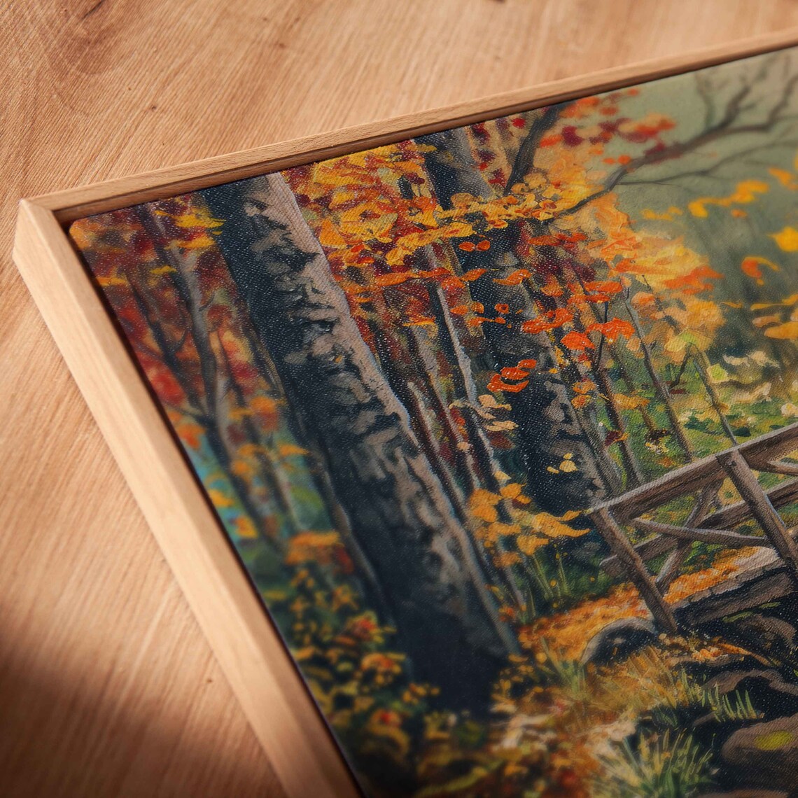 Wooden Footbridge Over Rocky Autumn Stream Oil Painting Poster - Image 2