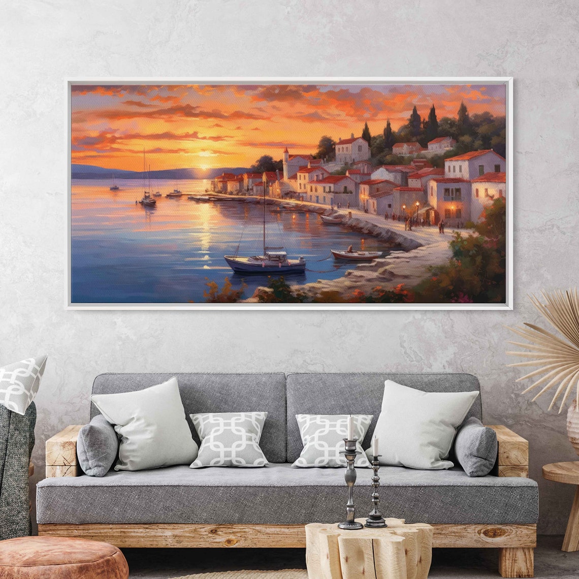 Mediterranean Coastal Town Sunset Harbor Sailboats Vertical Poster - Image 3