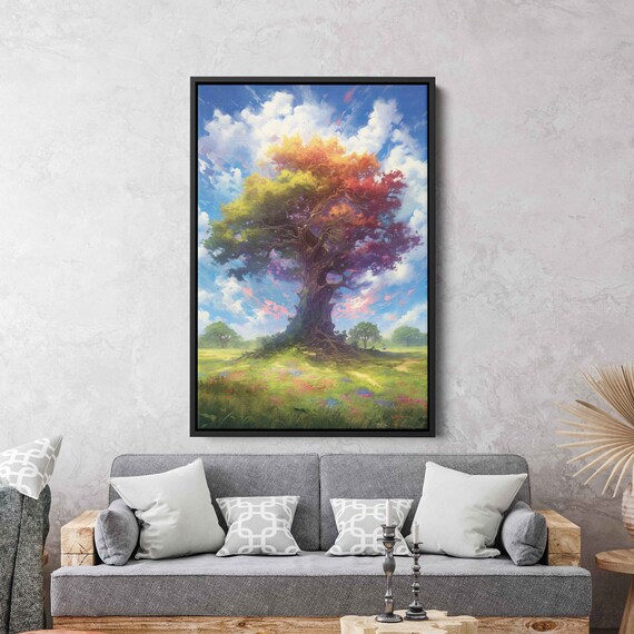 Colorful Ancient Tree In An Open Field Colorful Cloudy Skies Framed Print Ready To Hang