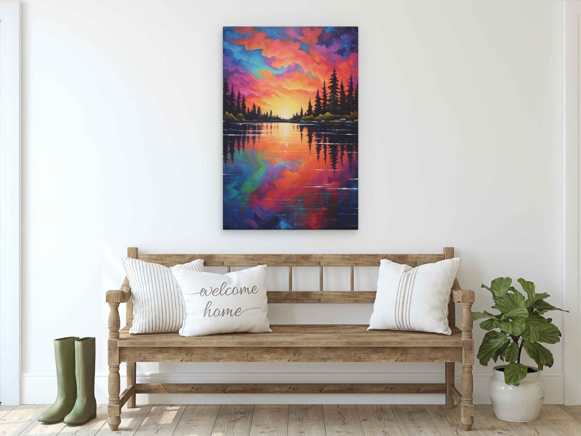 Neon Colorful Lake With Abstract Clouds Painting Framed Print Ready To Hang Neon Art Living Room Decor - Image 2