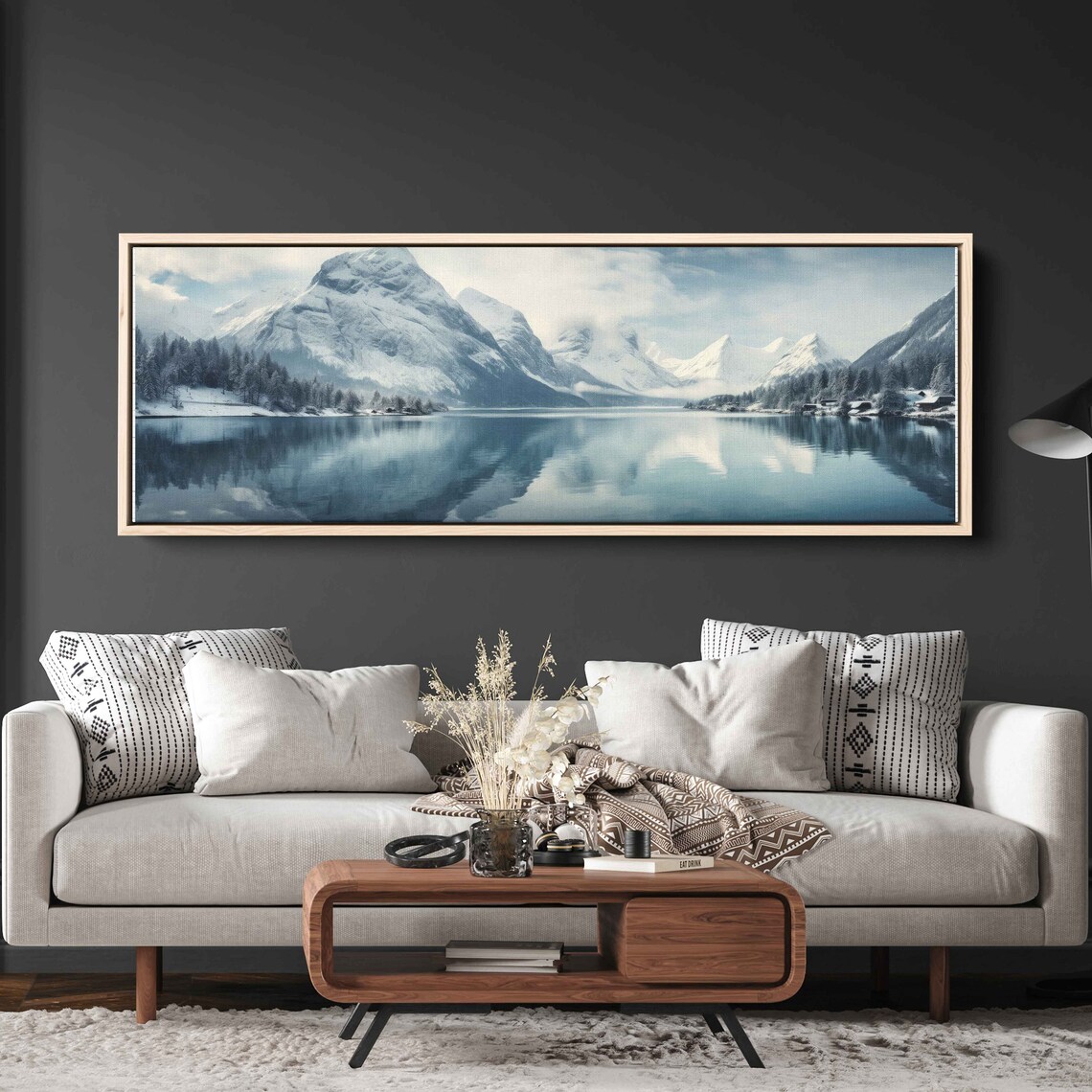 Serene Lakeside Vista Panoramic Wall Art Lake And Snowy Mountains Framed Print Ready To Hang