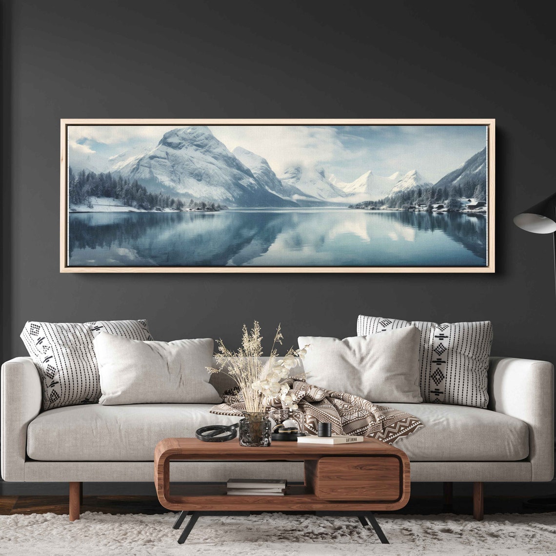 Snowy Peaks Calm Lake Reflection Winter Mountain Travel Poster