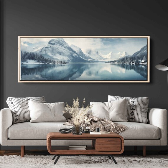 Serene Lakeside Vista Panoramic Wall Art Lake And Snowy Mountains Framed Print Ready To Hang