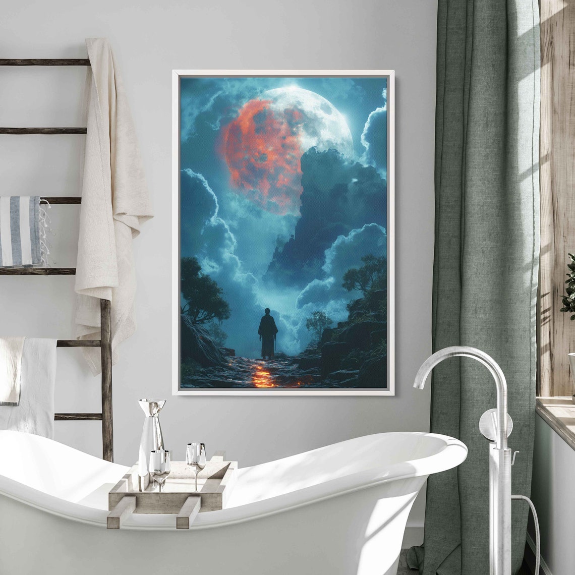 Cloaked Figure Under Red And Blue Moon Dark Forest Path Poster - Image 3