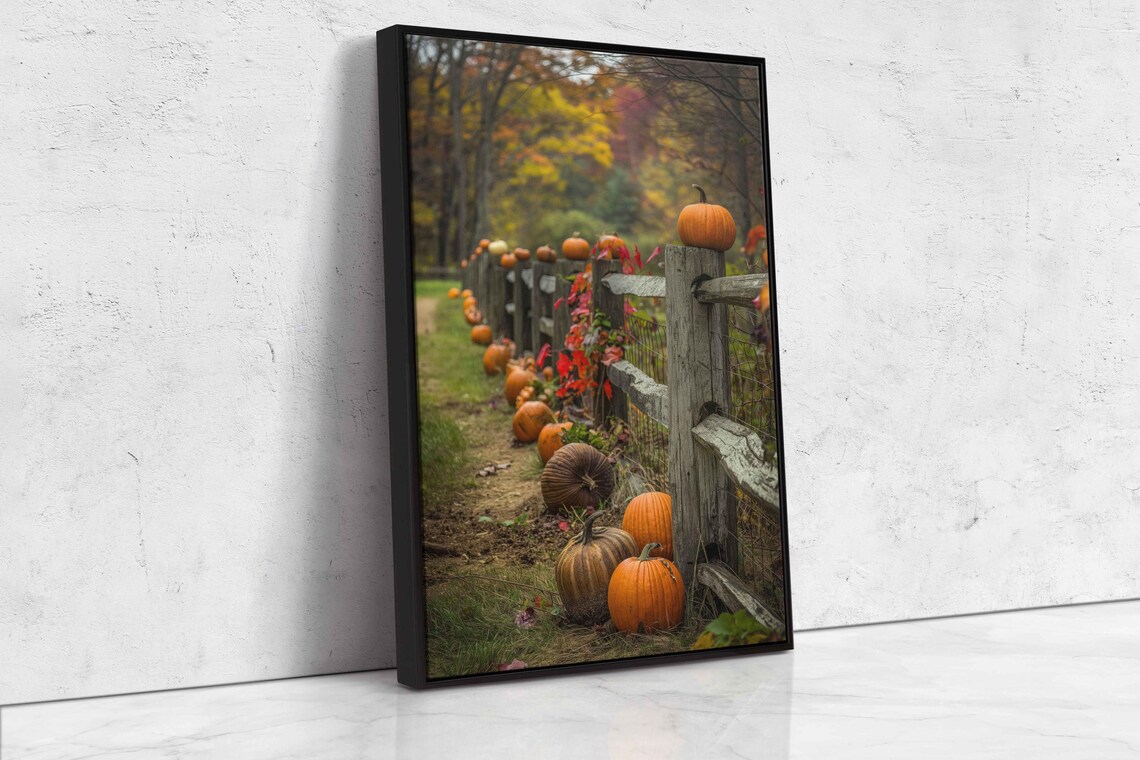 Rustic Wooden Fence Lined With Pumpkins And Red Autumn Vines Photo Poster - Image 4