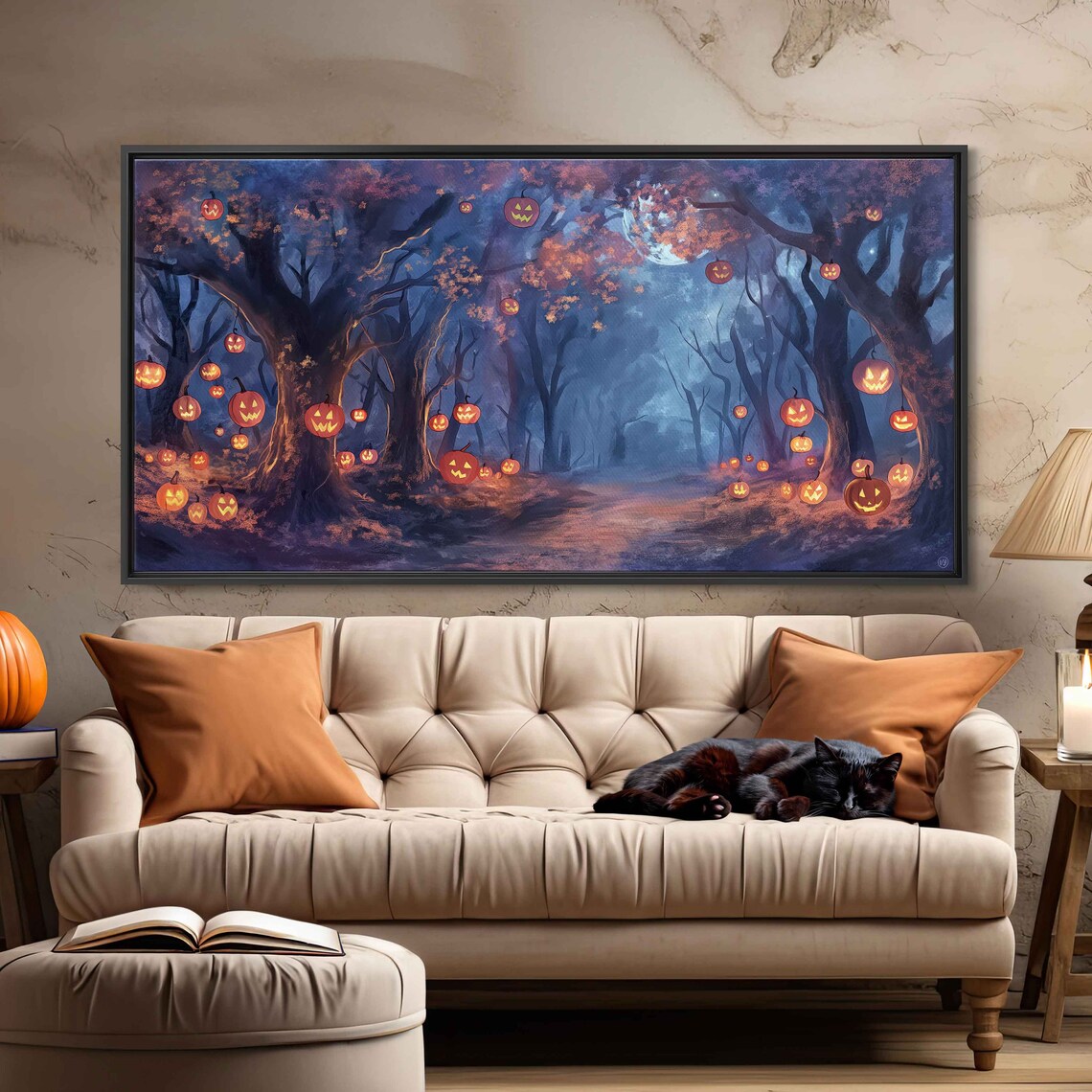 Enchanted Moonlit Forest With Glowing Jack O Lanterns Halloween Night Wall Art - Image 3