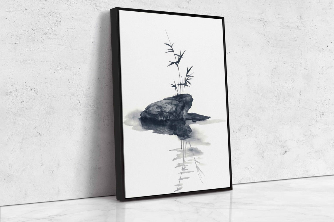 Japanese Bamboo On Rock Ink Painting Still Water Reflection Zen Print - Image 4