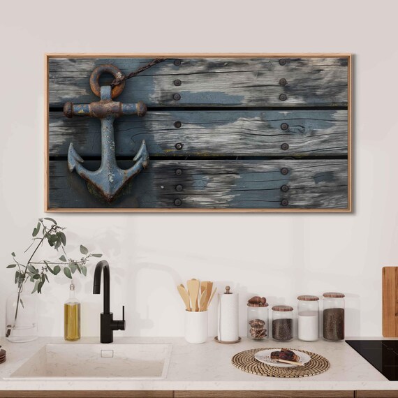 Weathered Rusty Anchor On Dark Wood Planks Rustic Nautical Poster