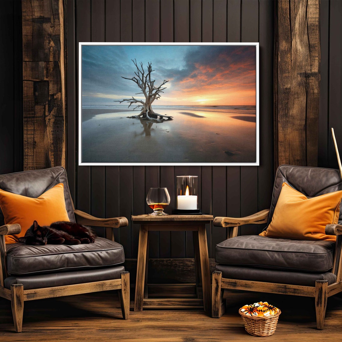 Lone Bare Tree Reflected On Wet Sand Beach At Sunset Photo Print - Image 3