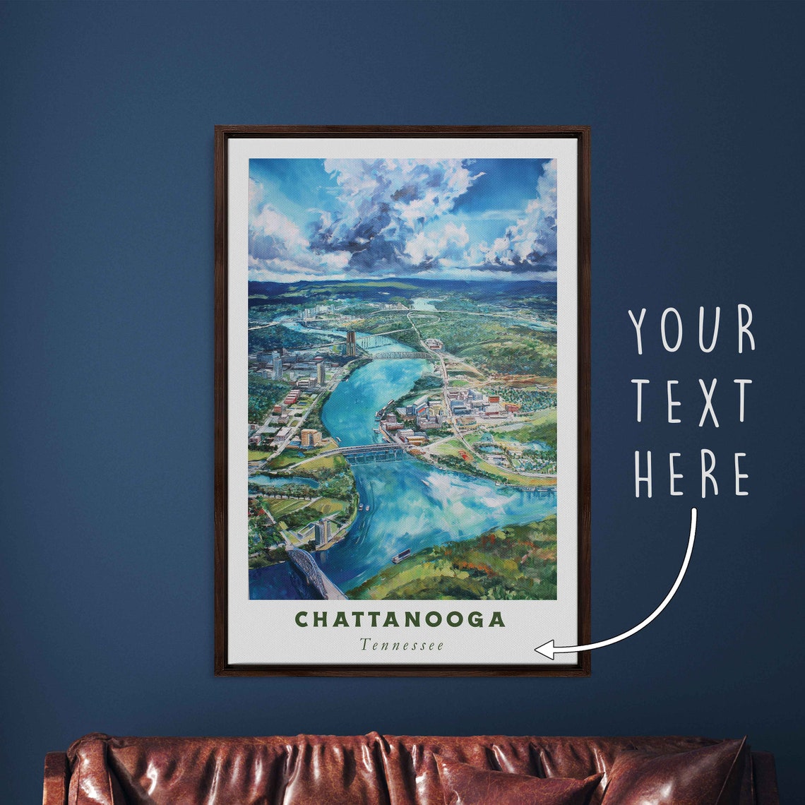 Chattanooga Tennessee River Bend Aerial Watercolor City View Poster