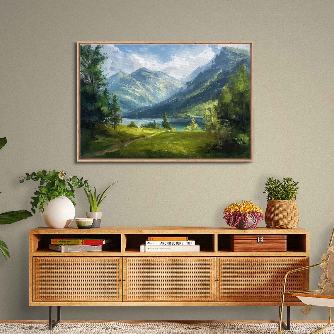 Green Valley River Mountain Landscape Cloudy Sky Painting Wall Art