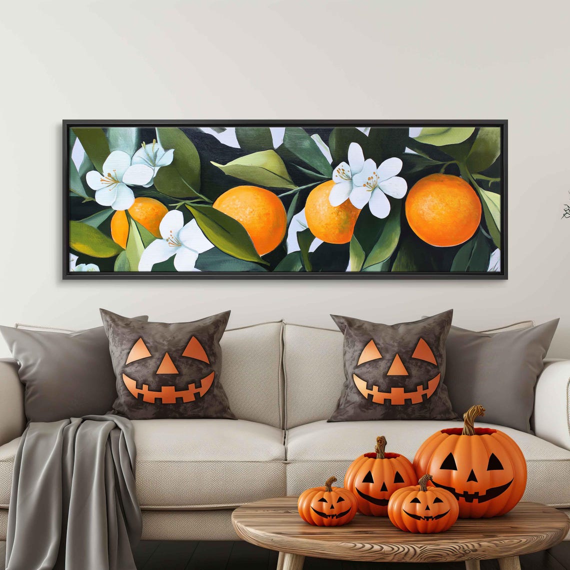 Juicy Oranges Blossoms Dark Background Moody Citrus Kitchen Wall Art - Image 3