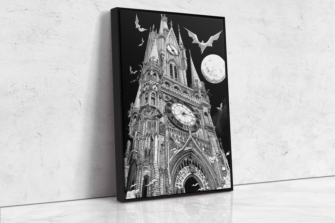 Gothic Clocktower Under Full Moon With Bats Flying Night Sky Wall Poster - Image 4