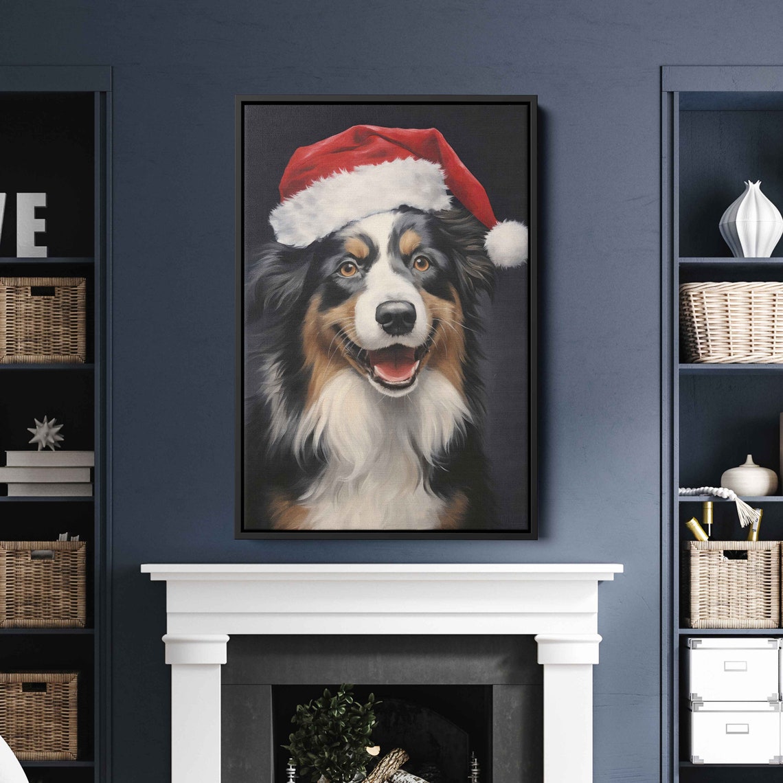 Australian Shepherd Black Tricolor Santa Hat Portrait Poster - Image 3