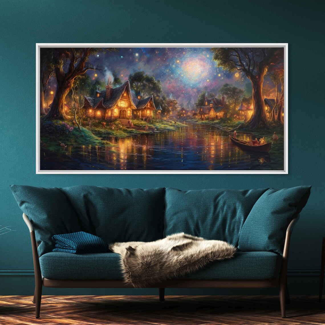 Whimsical Moonlit Twilight Village Art Print