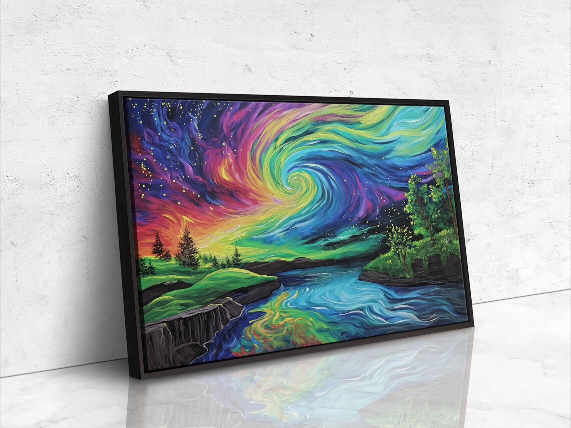Colorful Rainbow Aurora Swirls Over Winding River Valley Night Sky Poster - Image 4