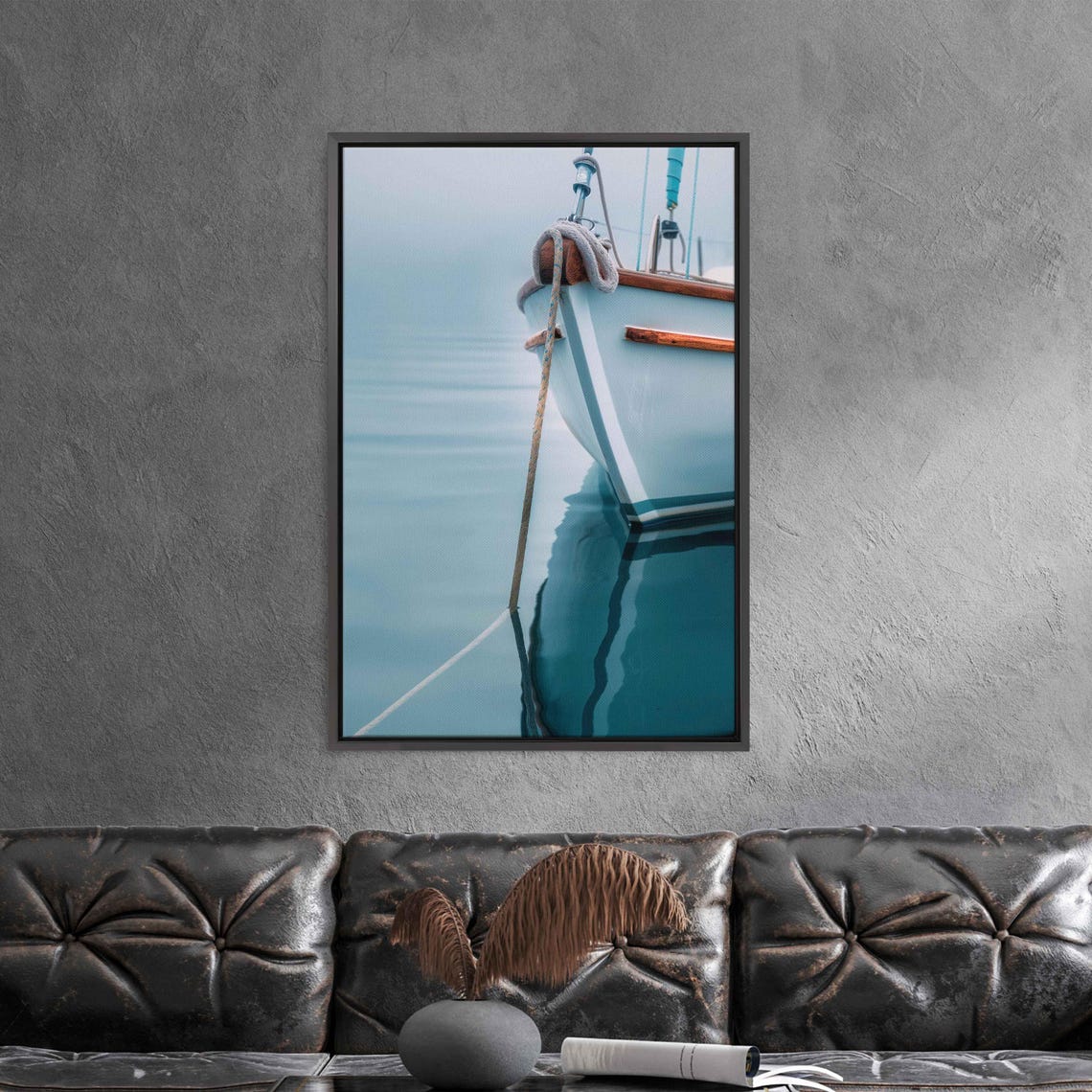 Sailboat Bow With Mooring Rope Over Calm Reflective Water Poster - Image 3
