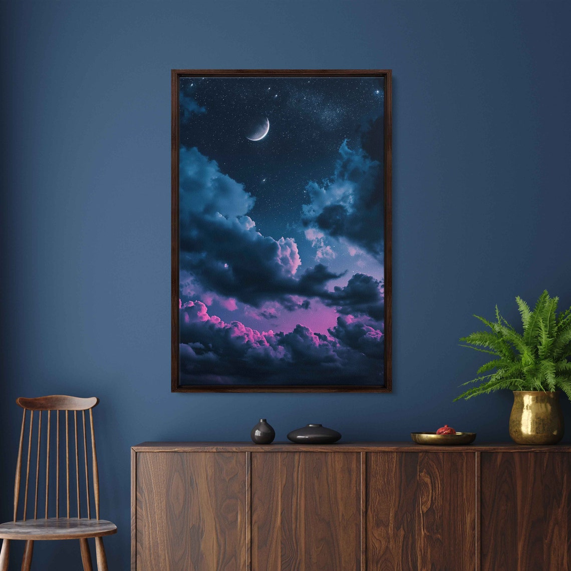 Crescent Moon In Starry Sky With Purple Clouds Night Art Poster - Image 2