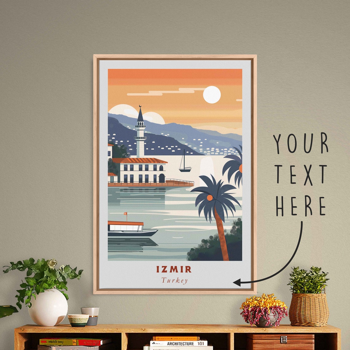 Izmir Turkey Waterfront Mosque Minaret Sunset Bay Travel Poster