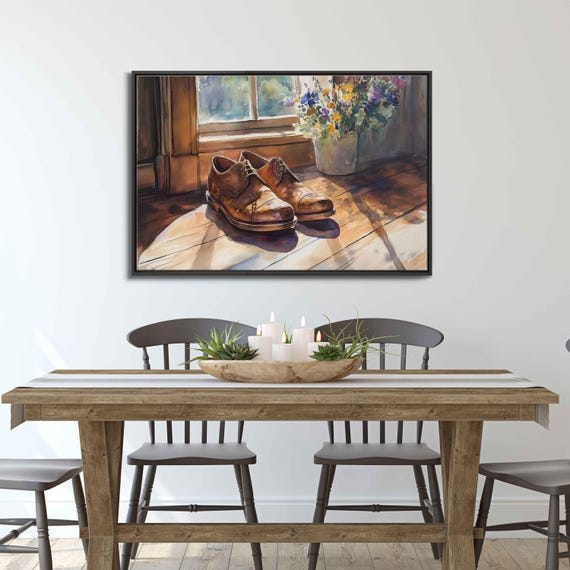 Vintage Leather Shoes Wall Art Print Watercolor Style Rustic Charm Warm Atmosphere