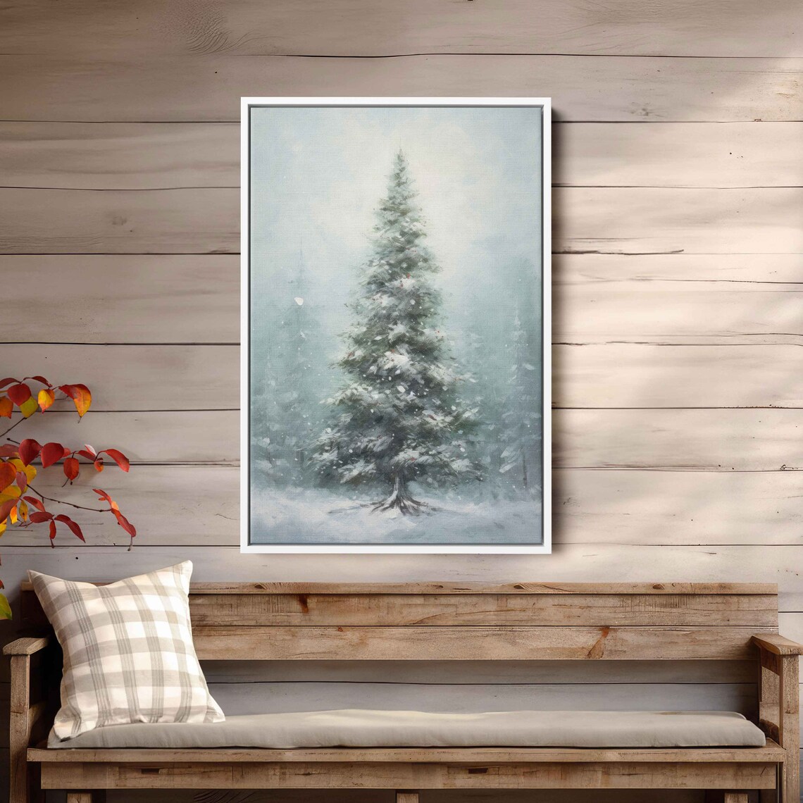 Snowy Winter Tree Acrylic Painting Muted Blue Grey Frosty Nature Art - Image 3