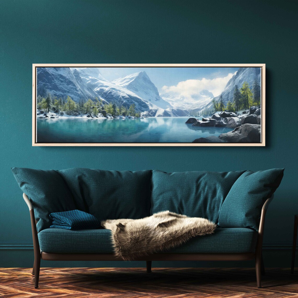 Serene Lakeside Vista Panoramic Wall Art Lake And Snowy Mountains Framed Print Ready To Hang - Image 3