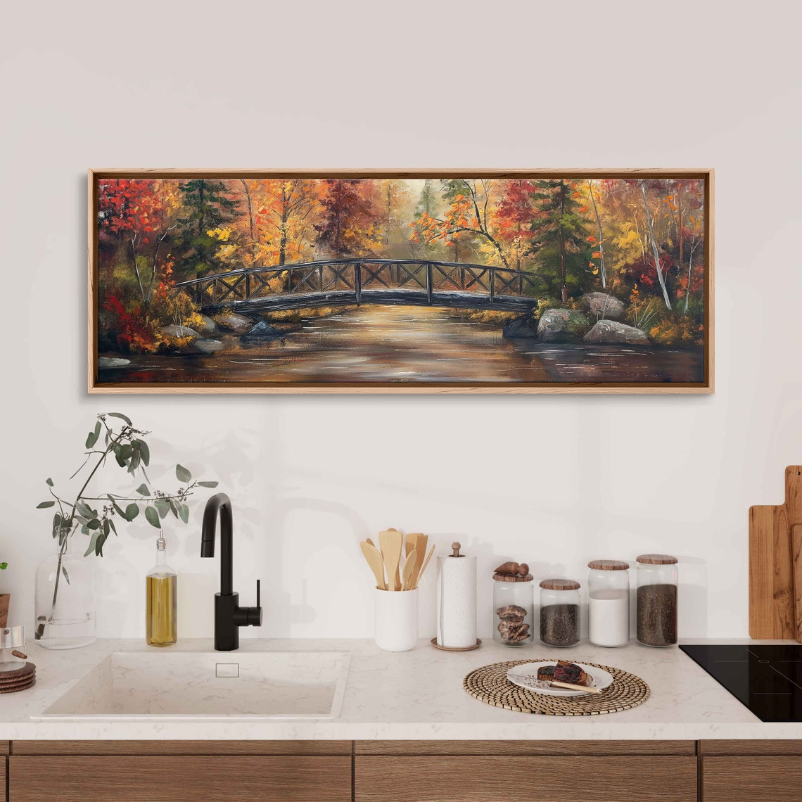 Autumn Forest River Wooden Bridge Golden Foliage Panoramic Poster