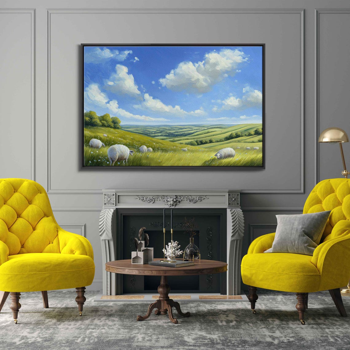 Sheep Grazing Rolling Green Hills Sunny Countryside Meadow Poster - Image 3
