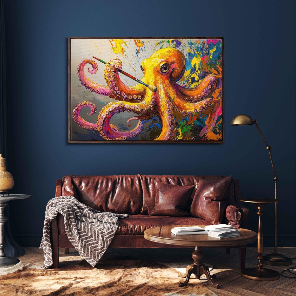 Whimsical Octopus Painting Wall Art Print Colorful Masterpiece Bright Yellow And Orange