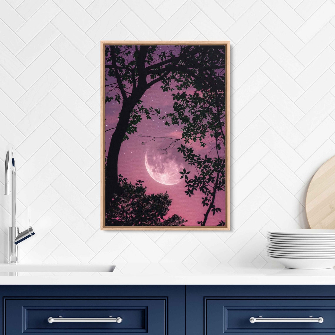 Crescent Moon Shown Through Tree Branches Wall Art Print Vibrant Pink Sky Nature Painting Ready To Hang - Image 3