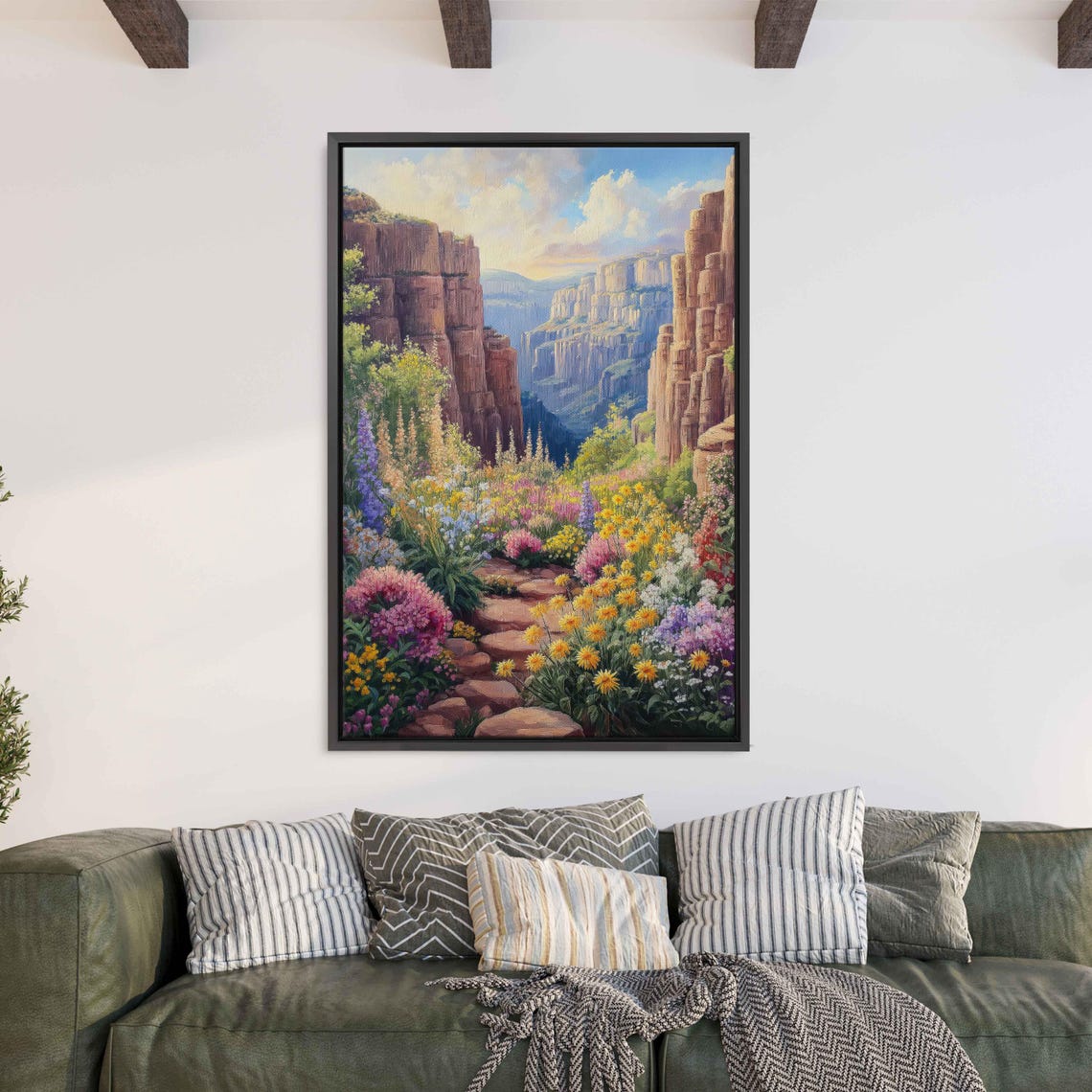 Wildflower Garden Canyon Path Painting Colorful Blooms Cliff Wall Art