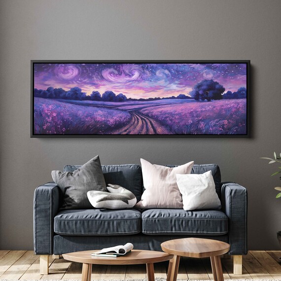 Lavender Field Sunset Swirling Van Gogh Sky Winding Path Panoramic Art Poster
