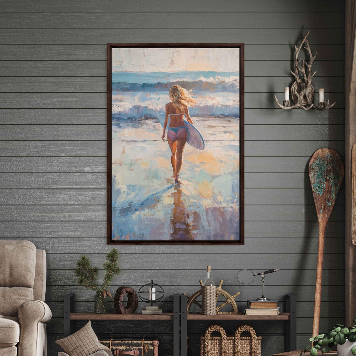 Surfer Walking Out To Surf Ocean Waves Wall Art Print Gift For Surfer Blue Water Ready To Hang - Image 3