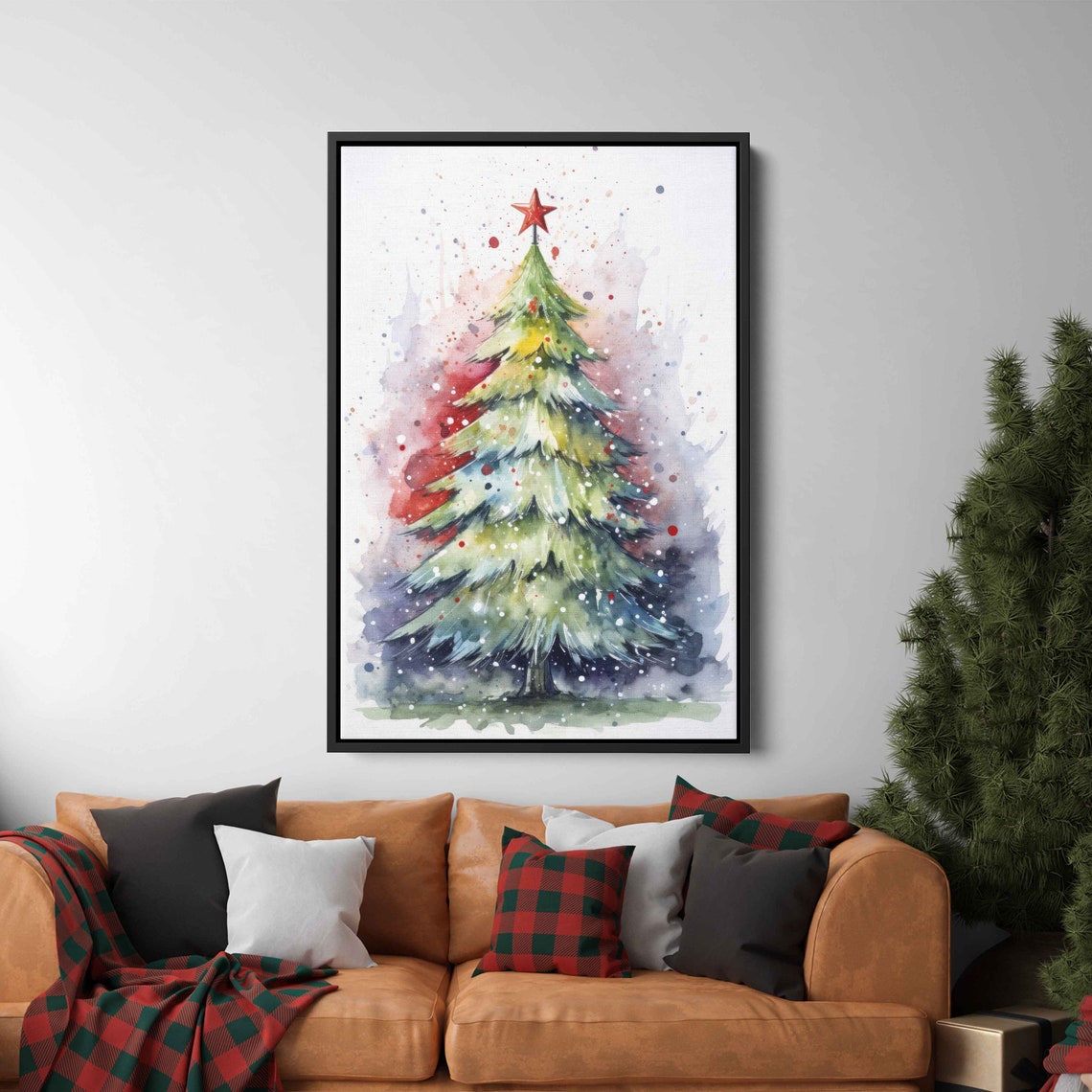 Festive Green Christmas Tree Watercolor Red Star Splash Art Poster