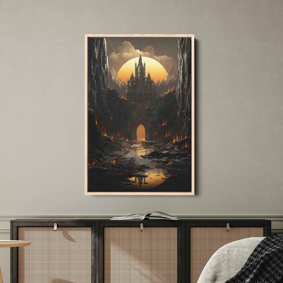 Dark Distant Sunrise Castle Wall Art Print Creepy Pathway Fantasy Art Mountain Crag Ready To Hang