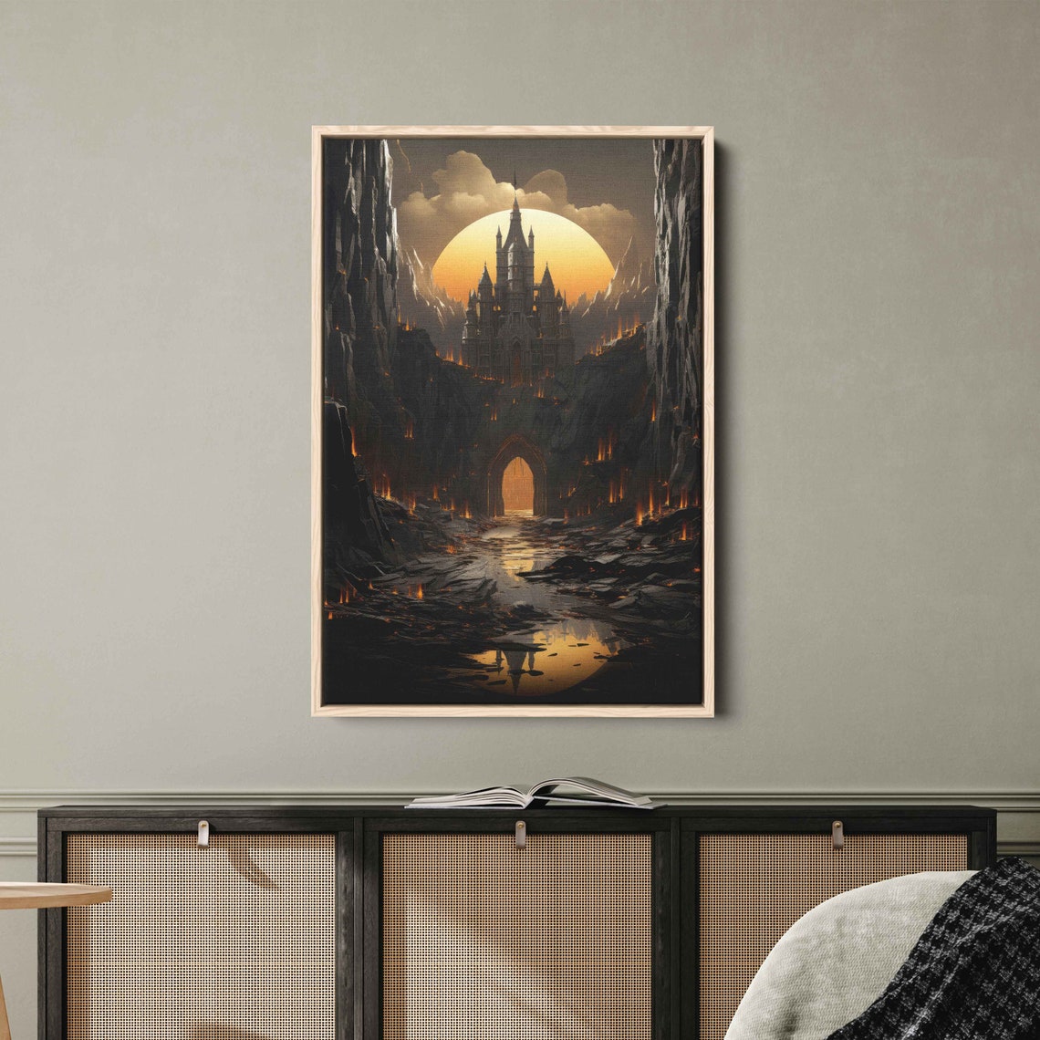 Dark Gothic Castle Cliff Huge Orange Sun Fantasy Epic Art Poster