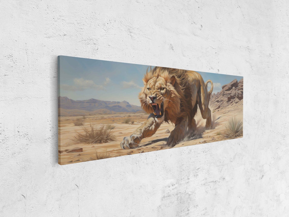 Ferocious Lion Running Through Desert Landscape Wildlife Art Print - Image 4