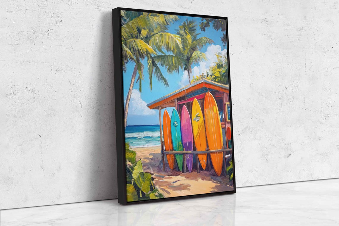 Surfboards Resting Against Shack On Sandy White Beach Wall Art Print Gift For Surfer Palm Trees Ocean Painting Ready To Hang - Image 4