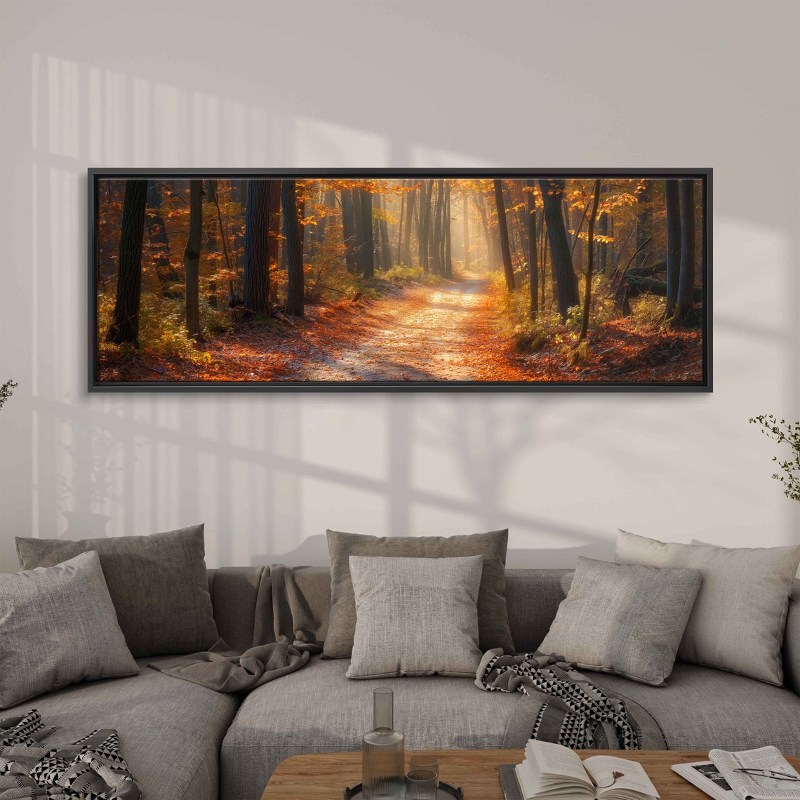 Sunlit Autumn Forest Path Tall Trees Red Leaves Photo Poster