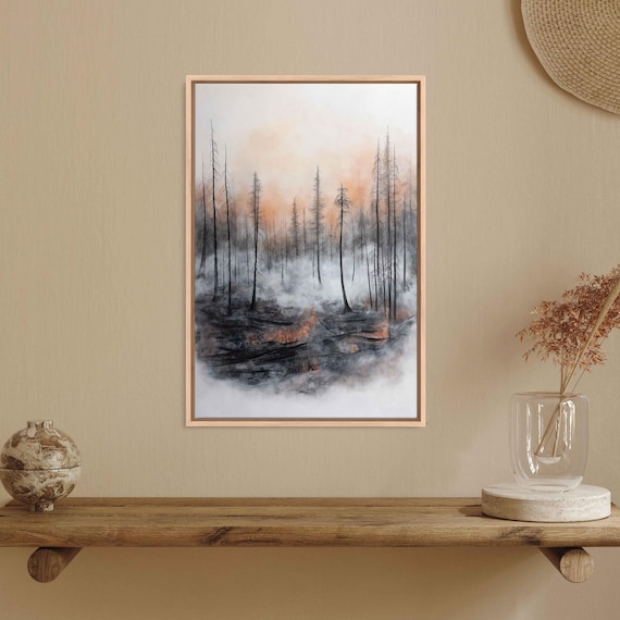 Haunting Charred Forest Wall Art Print Watercolor Blackened Trees Soft Mist