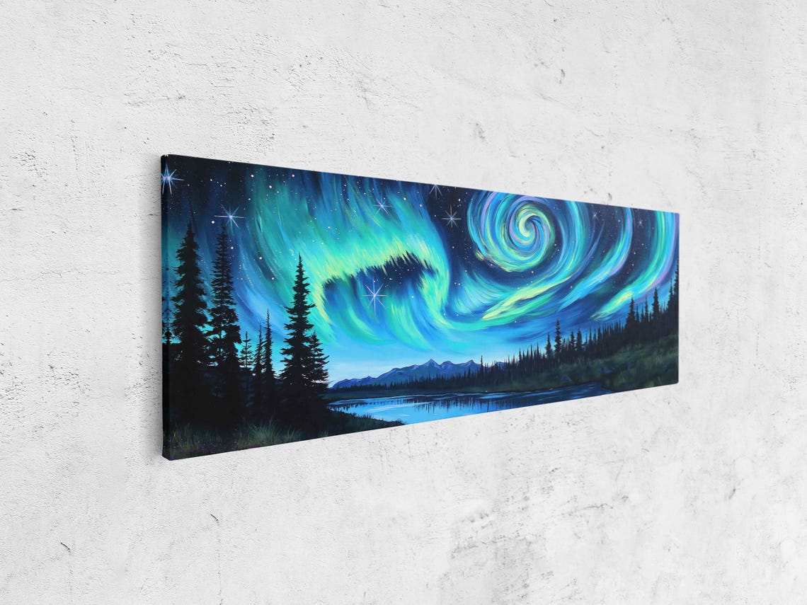 Swirling Northern Lights Over Mirror Lake And Pine Forest Night Poster - Image 4