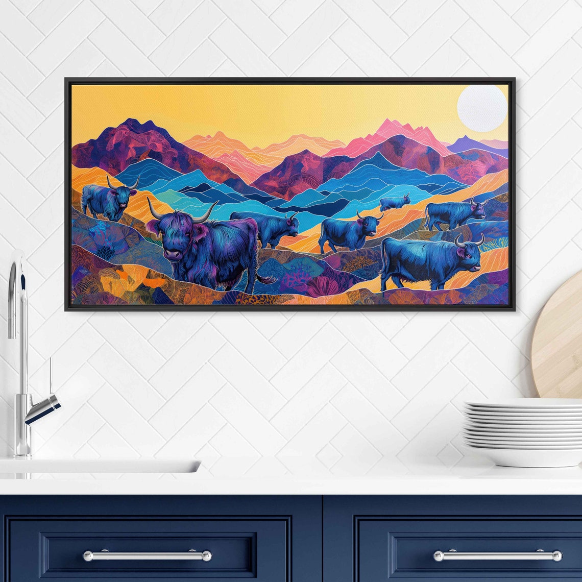 Blue Highland Cattle Sunset Mountains Colorful Folk Art Poster