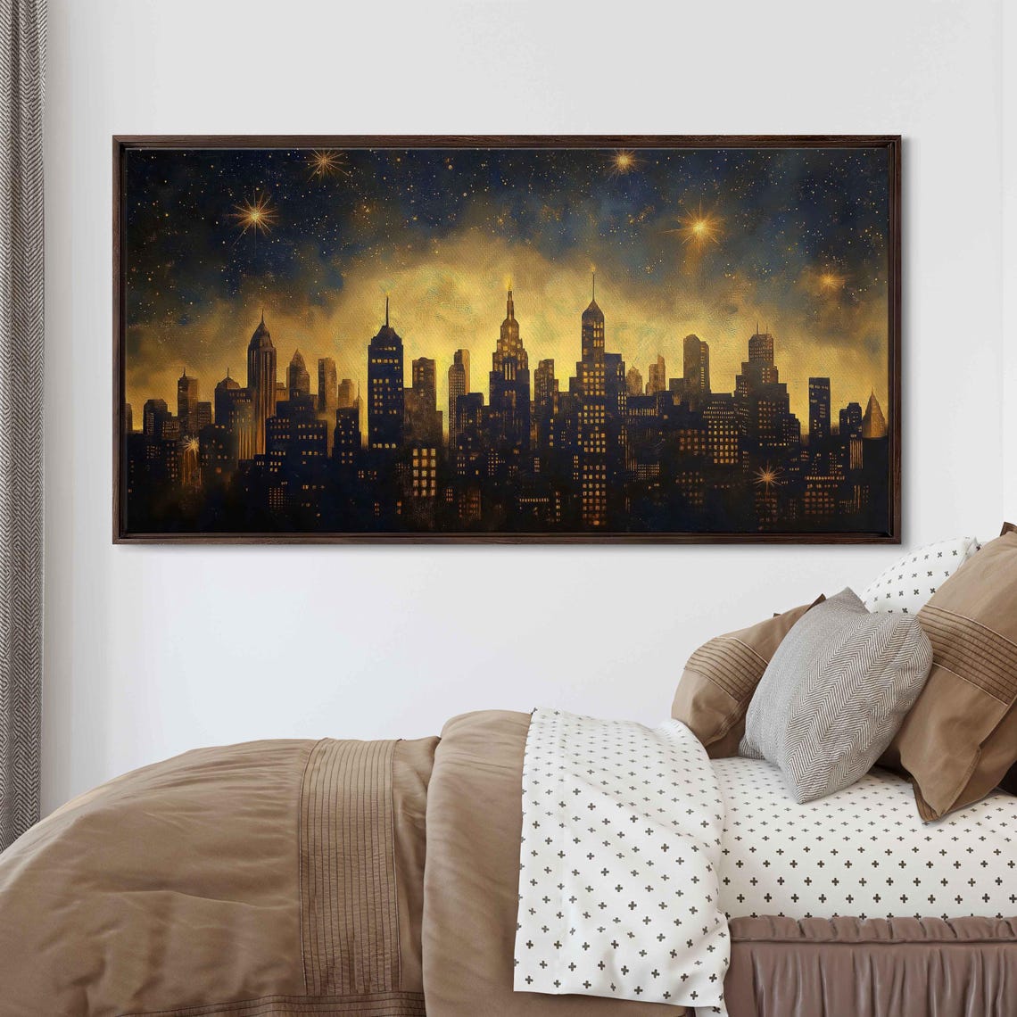 Navy And Gold City Night Skyline With Sparkling Stars Art Poster