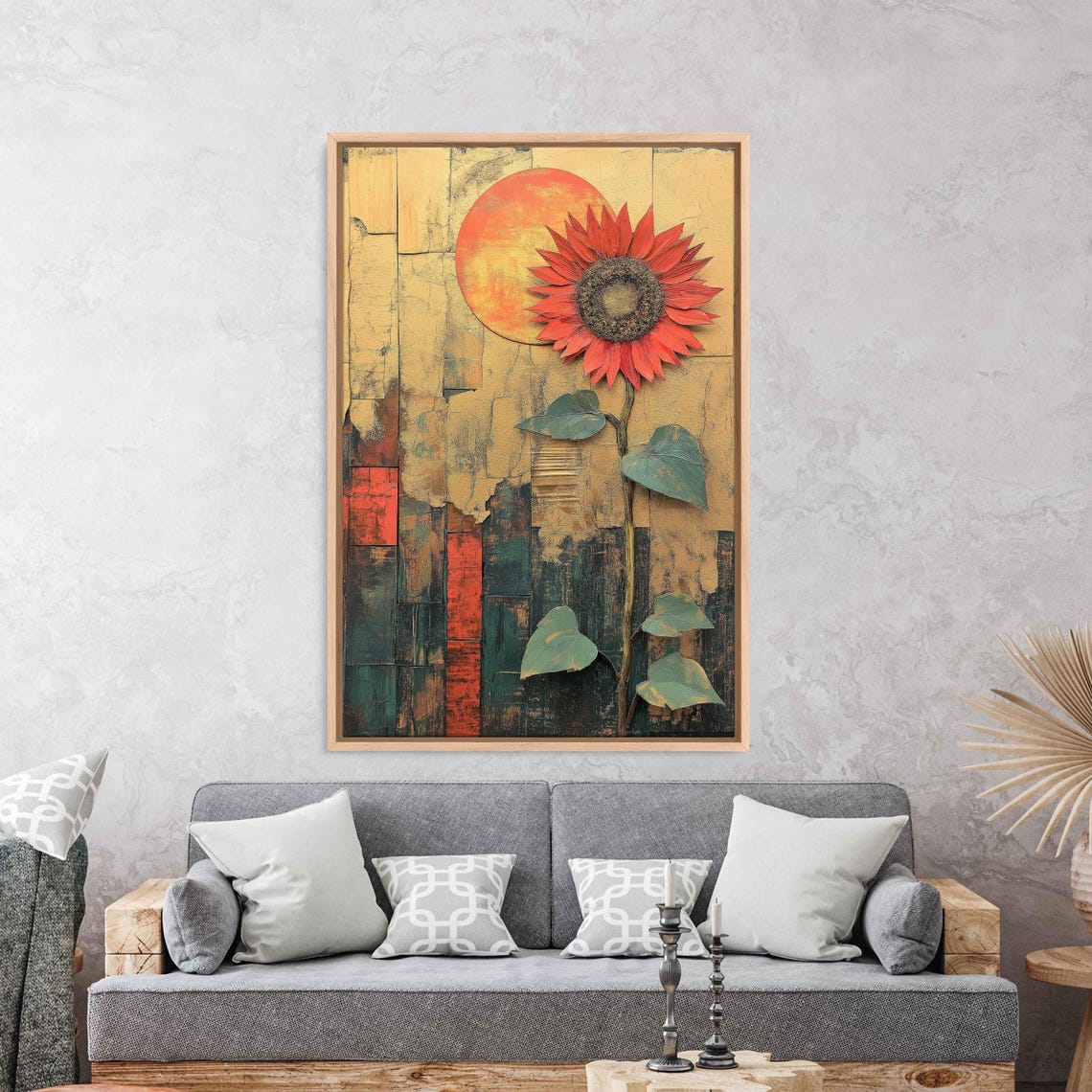 Red Sunflower Before Setting Sun Gold Teal Collage Background Wall Art
