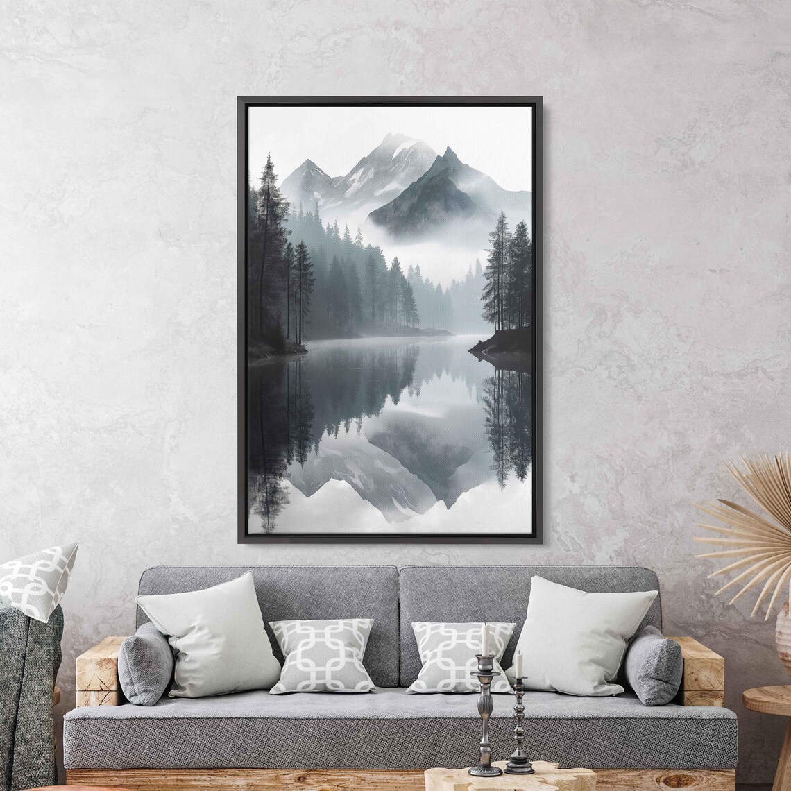 Serene Lake Flowing Through Mountainside Wall Art Print Monochromatic Art Lakeshore Forest Ready To Hang - Image 3