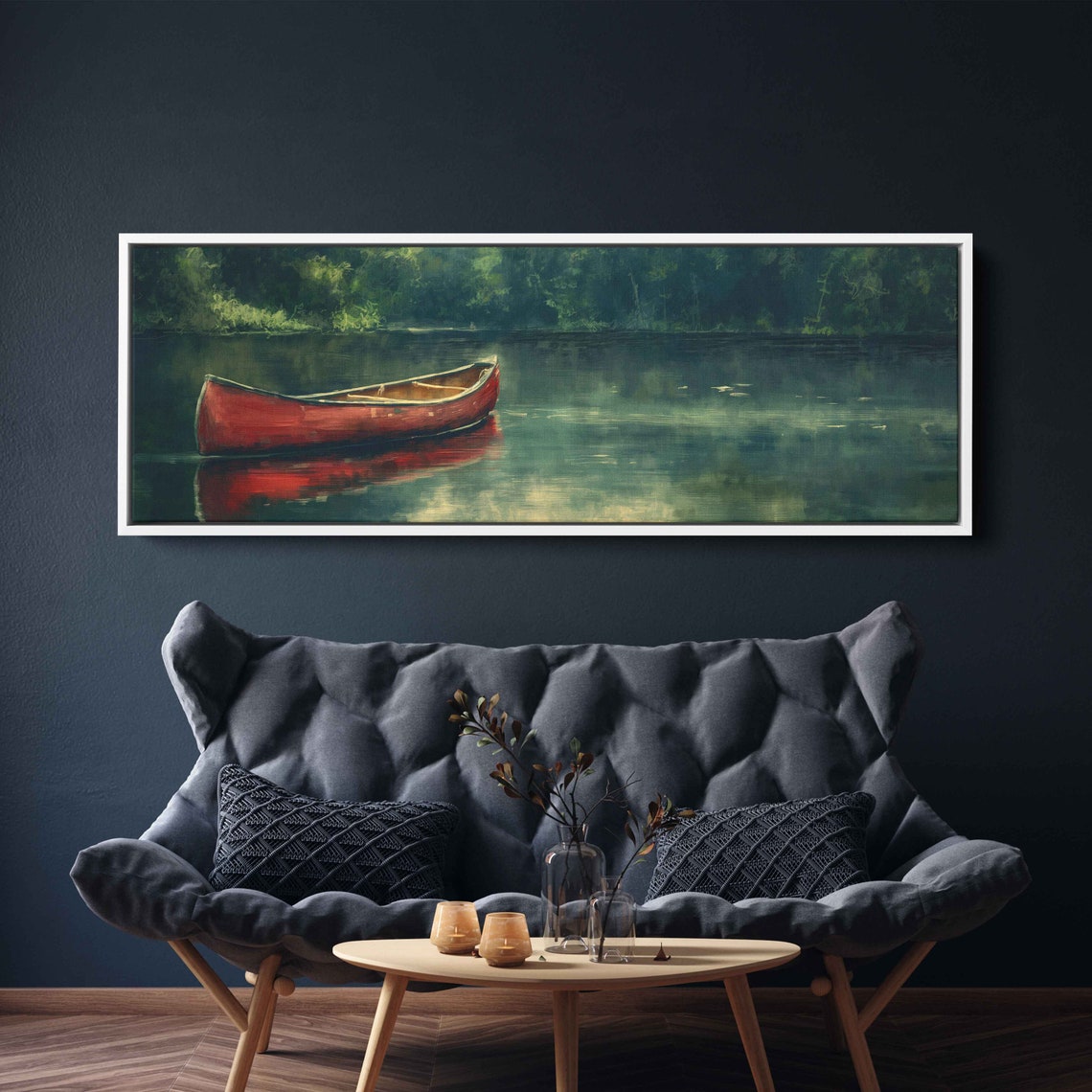 Red Canoe Still Lake Dark Green Forest Reflection Moody Nature Poster - Image 2