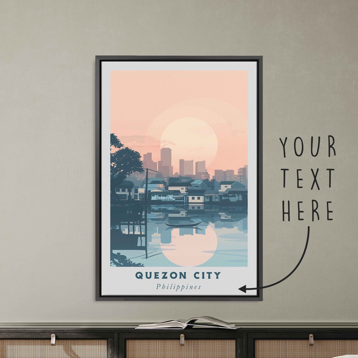 Quezon City Philippines Sunset Over Water Stilt Houses Travel Poster