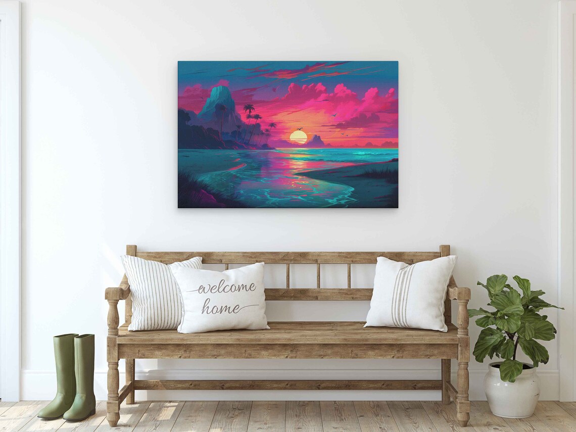 Neon Vaporwave Beach Sunset Pink Sky Palms And Mountains Illustration Print - Image 2