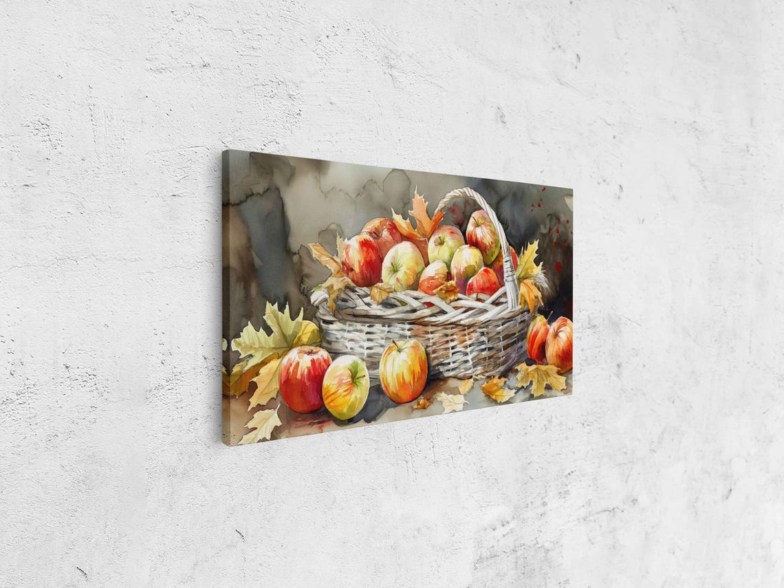 Watercolor Basket Of Apples With Autumn Leaves Kitchen Art Poster - Image 4